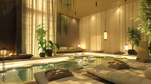 Spa lounge designed for relaxation with cream bamboo decor and gentle water features.