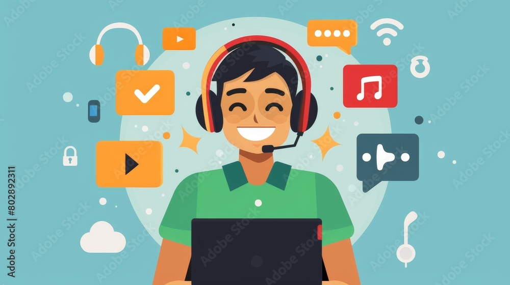 Smiling man in headphones working from call centre as customer support operator. Smiling man in headphones working from call centre as customer support operator.
