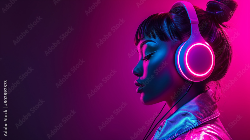 Close-up portrait of young beautiful girl wearing headphones and listening music on gradient pink purple background. Close-up portrait of young beautiful girl wearing headphones and listening music on gradient pink purple background.