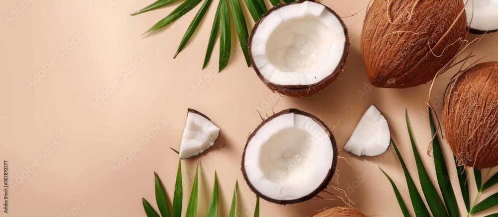 Summer coconut composition on a soft beige backdrop. Flat lay with coconut fruit, top view, and empty space for text.