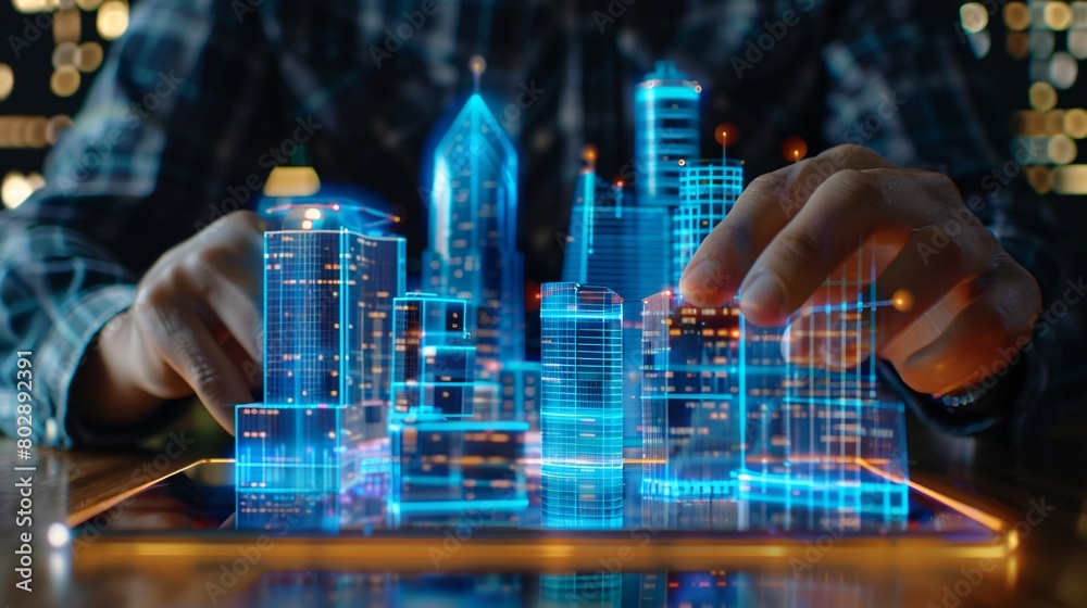 Man utilizes digital tablet and holographic buildings in real estate and building technology concept. Man utilizes digital tablet and holographic buildings in real estate and building technology concept.