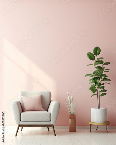 A minimalist living room with pastel walls and a single green plant, creating a serene and stylish space that emphasizes simplicity and calm.