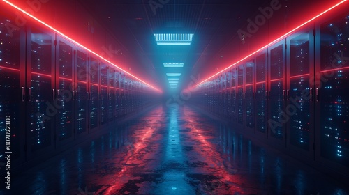 A banner-style 3D illustration showcasing a server room in a data center filled with telecommunication equipment, highlighting the concept of big data storage and cloud hosting technology.