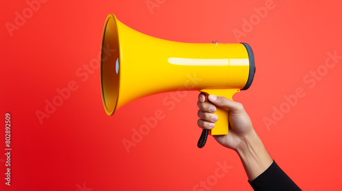 A person holding a megaphone, clad in a red sleeve, against a vivid yellow background, making an urgent public announcement. photo