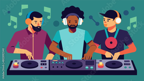 The DJs take turns showing off their skills seamlessly blending different genres of music together to create a unique sound. Vector illustration
