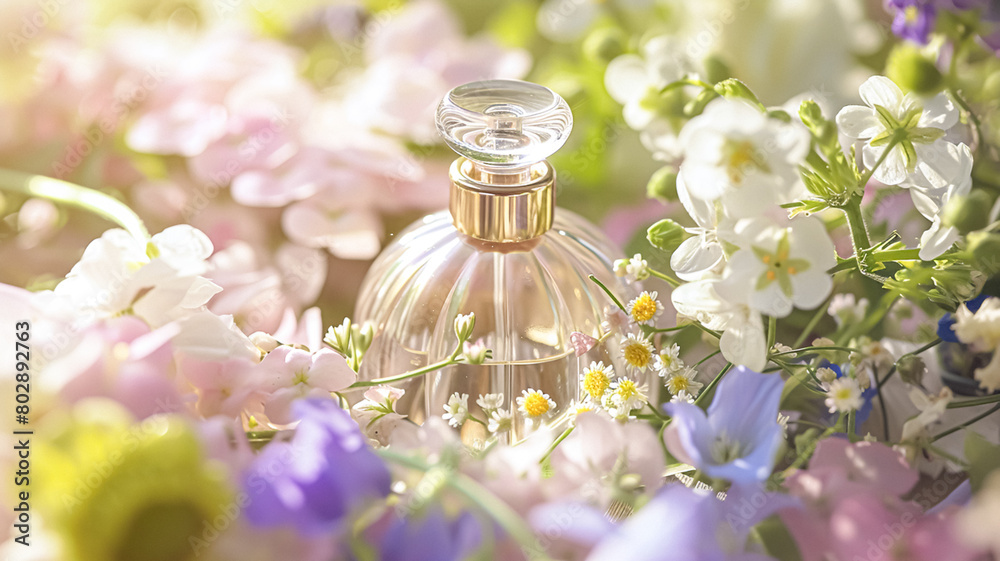 Perfume bottle in flowers, fragrance on blooming background, floral scent and cosmetic product idea Perfume bottle in flowers, fragrance on blooming background, floral scent and cosmetic product idea