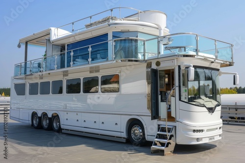 Luxurious and unique double decker motorhome with multiple floors, a terrace on the roof,
