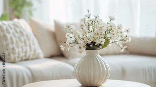 White ceramic vase with delicate baby's breath on a wooden table against a soft blue wall. Cozy home interior.