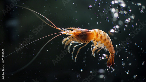 Flying shrimps in water on dark background. Creative design of seafood cooking