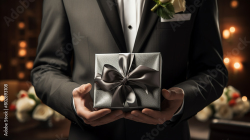An elegant gift presentation by a person dressed in a sharp suit, symbolizing thoughtfulness and generosity in a formal setting.