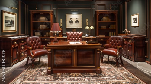 Executive office suite with a mahogany desk and leather armchairs.