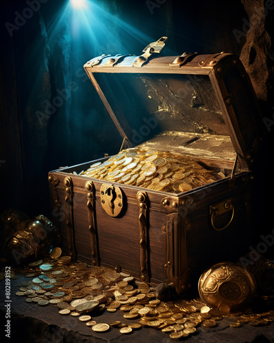 An ancient treasure chest in a dimly lit vault, spilling over with gold coins and jewels, epitomizing hidden riches and historical wealth.