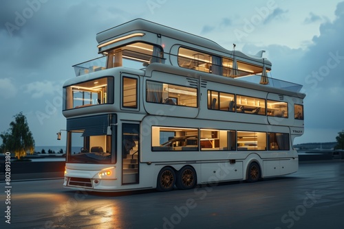 Luxurious and unique double decker motorhome with multiple floors, a terrace on the roof,