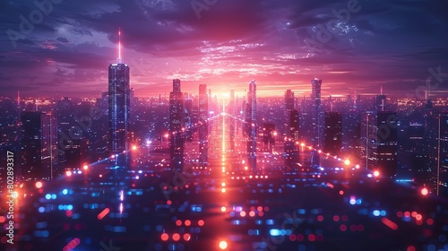 A futuristic night cityscape against a dark background  highlighted by bright neon blue lights. This wide city front perspective view is rendered in cyberpunk and retro wave styles.