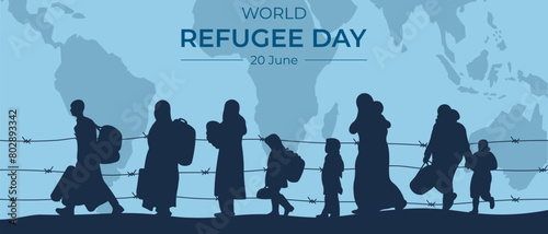 Horizontal banner with silhouettes of refugees. World Refugee Day. Vector illustration. photo