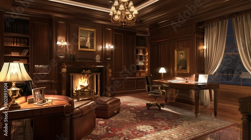 Executive palace study with rich wood paneling and a cozy fireplace.