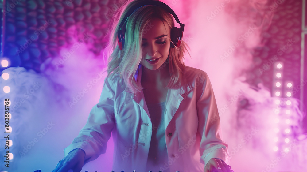 Glamorous DJ girl, headphne plays music disko. Sexy lady at the party. Glamorous DJ girl, headphne plays music disko. Sexy lady at the party.