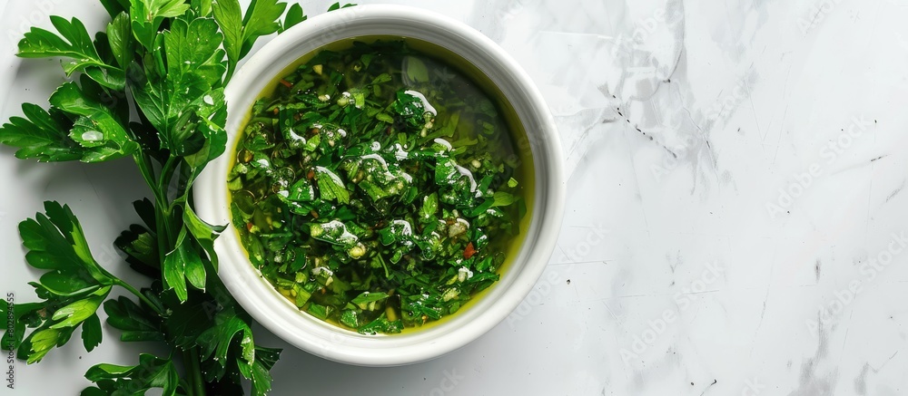 Chimichurri sauce presented in a white bowl alongside parsley leaves on a white marble surface, with available space for text. Chimichurri sauce presented in a white bowl alongside parsley leaves on a white marble surface, with available space for text.