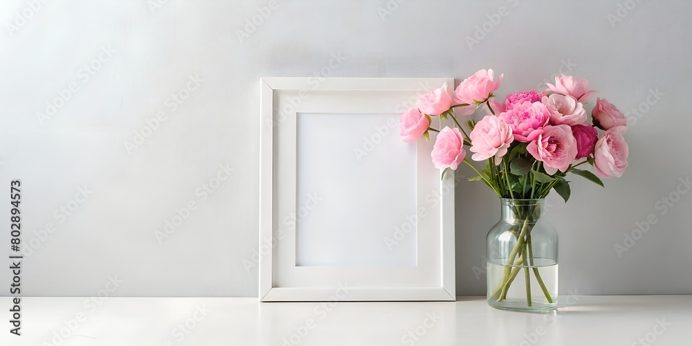 top view of Mockup white desk frame and pink flowers in a vase on a light background. Spiral frame for mockup template advertising and branding