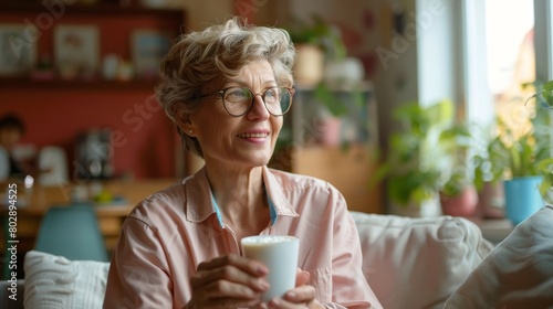A happy woman eats yogurt in her living room.