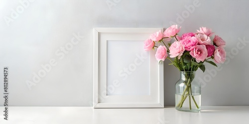 top view of Mockup white desk frame and pink flowers in a vase on a light background. Spiral frame for mockup template advertising and branding © Sofia