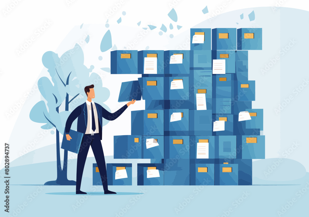 Naklejka premium Young Male Professional Organizing Files into Archive Folders - Document Management, Data Indexing Administration Workflow Concept