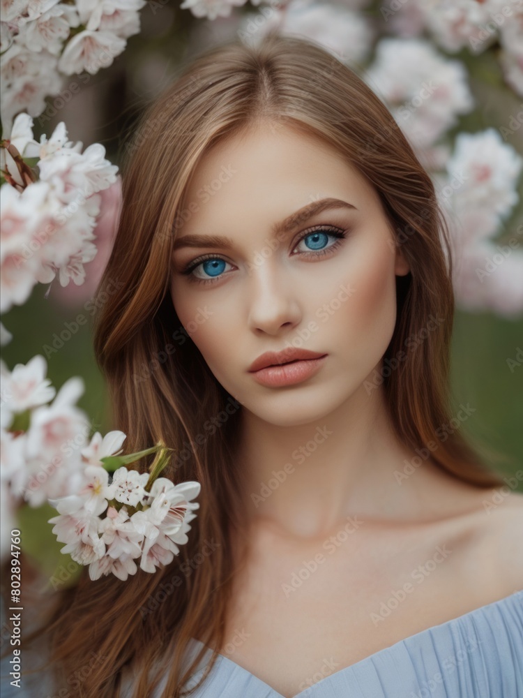 Portrait of a beautiful blonde with blue eyes against the background of cherry blossoms.