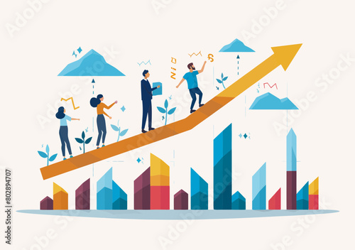 Teamwork Business Growth Strategy: Employees Collaborating To Boost Efficiency Via Rising Chart Arrow Illustration