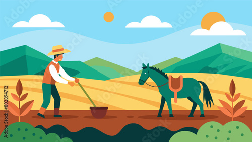 A farmer tilling the fields with his trusty horse and plow preparing for the upcoming harvest.. Vector illustration