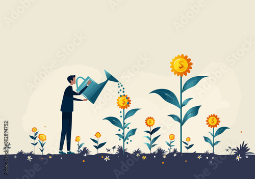 Businessman Nurturing Dollar Coin Sprout: Wealth Growth, Retirement Planning, Investment Profit Illustration