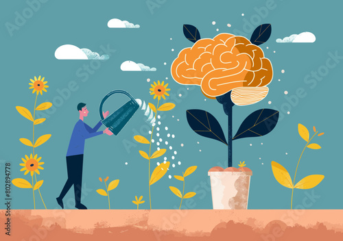 Man Watering Brain-Shaped Happy Plant: Positive Mental Wellbeing, Happiness, Anxiety Reduction, Minimalist Concept Vector