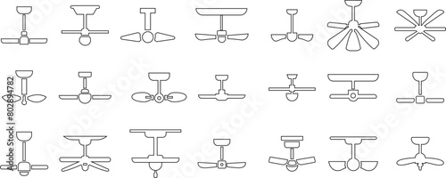 Set of Celling fan icons line styles editable stock. Air Fan vectors signs. Celling fan icons clipart avatar logotype symbols to cool the room and circulate the air isolated on transparent background.