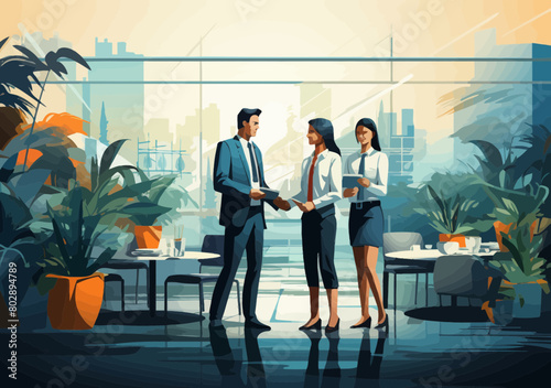 Onboarding new employee: Manager welcoming new hire on first day, introducing colleagues during orientation training - minimalistic vector