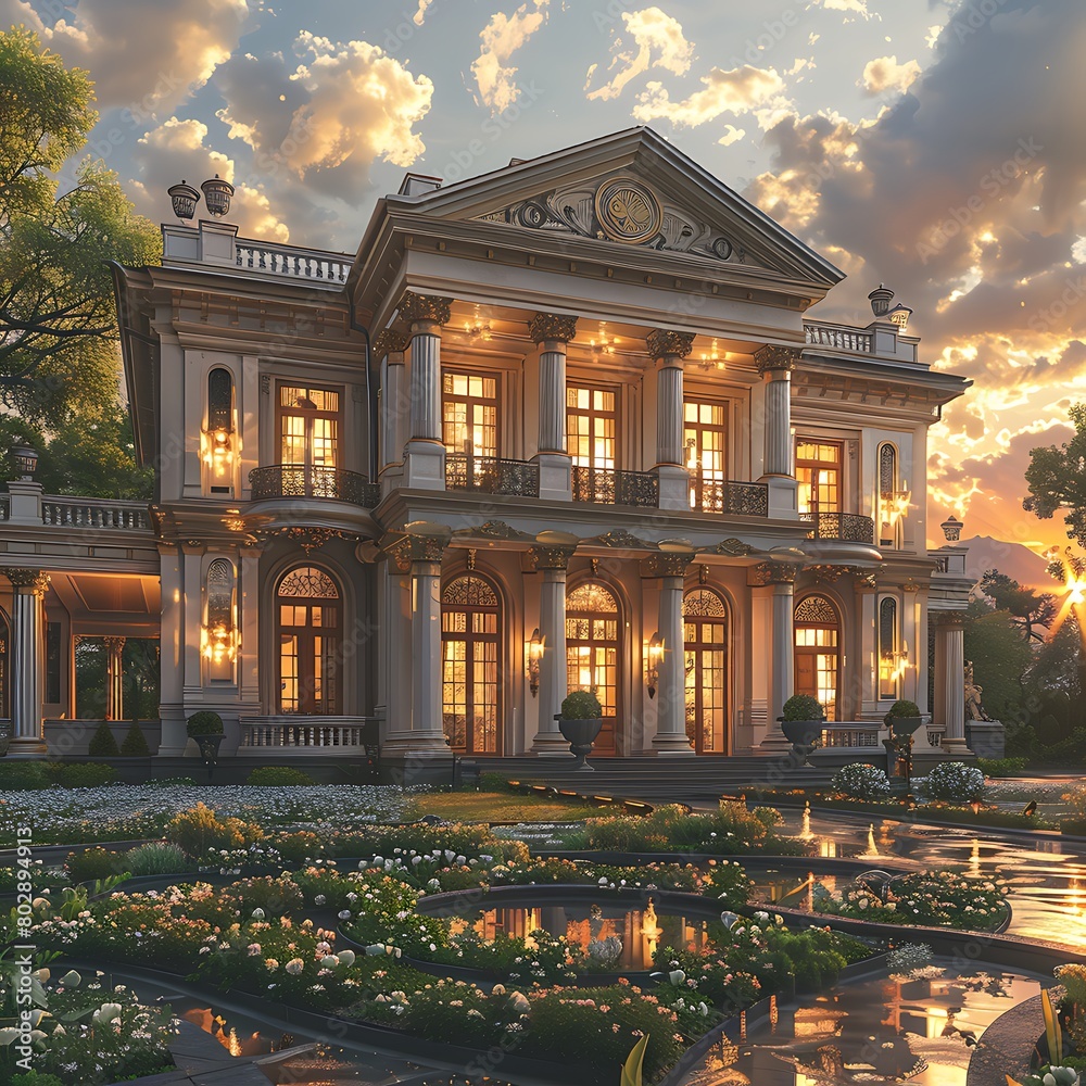 A grandiose mansion bathed in the warm hues of sunset, its stately fa? section ade exuding timeless elegance and prestige.