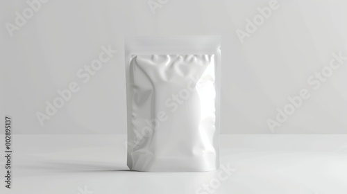Single white standing pouch package displayed on a gray background. 3D render for versatile product packaging design and branding purposes