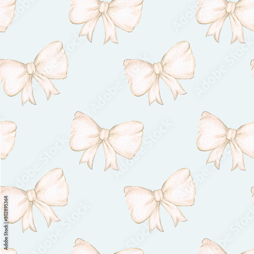 Watercolor seamless pattern with white bows on blue background. Hand drawn print with a festive girly bow. Design and decoration of textiles, wallpaper, packaging paper.