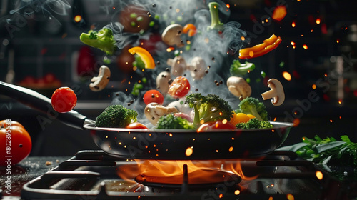 Flying pan on fire background. Creative chef template.