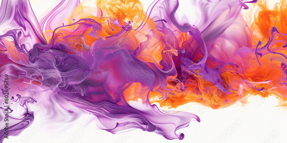 Liquid tendrils of lavender and electric orange converging and weaving into a mesmerizing dance, captured in high definition on a white background.
