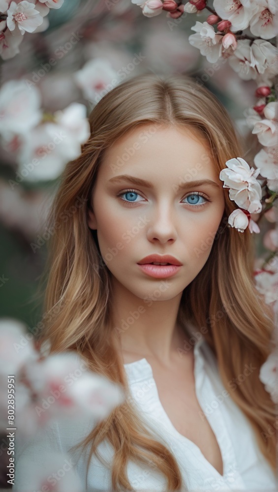 Portrait of a beautiful blonde with blue eyes against the background of cherry blossoms.