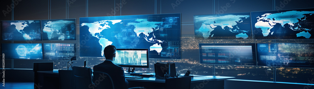 Control center filled with operators monitoring multiple screens glowing blue, focusing on global data and communications.