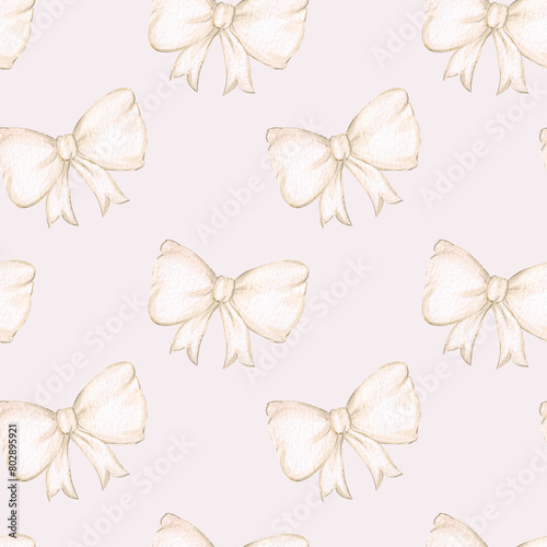 Watercolor seamless pattern with white bows. Hand drawn print with a festive girly bow. Design and decoration of textiles, wallpaper, packaging paper. Congratulations, holiday, birthday.