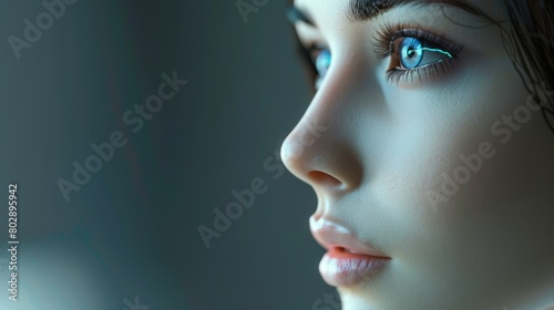 Close-up view of a young woman with a futuristic digital eye enhancement on a dark background.