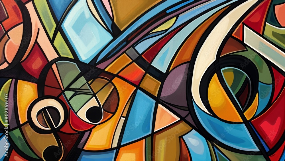 Abstract painting of an art deco window with colorful shapes and lines