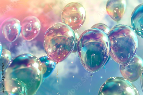 Visualize a soft-focus scene of delicate chrome balloons ascending in a hazy, dreamlike sky, reflecting a spectrum of pastel hues