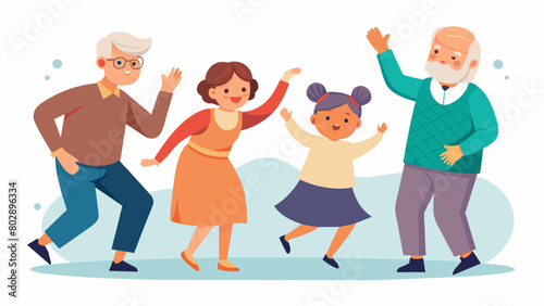 An elderly couple dances to a lively tune as their grandchildren watch eager to learn the steps to the traditional music. Vector illustration