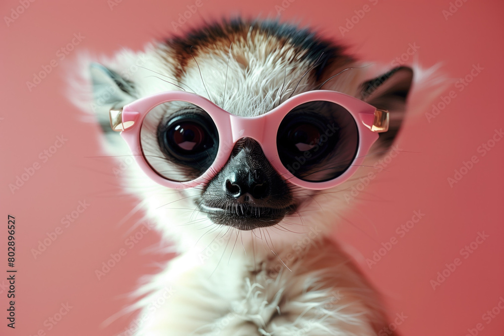 Lemur wearing oversized pink sunglasses set against a vibrant pink background.