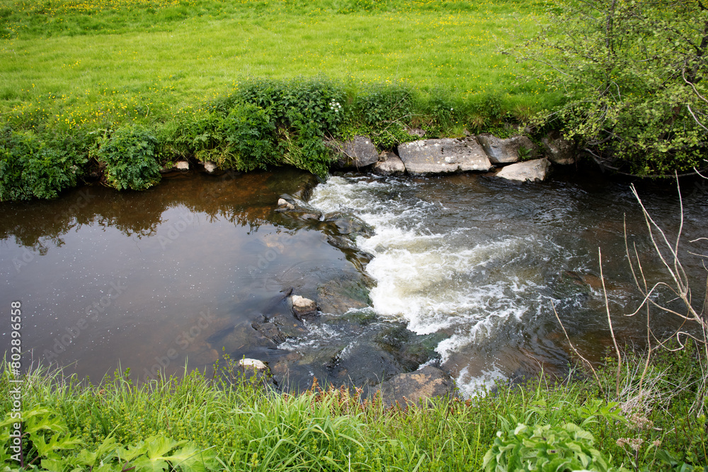 typical Devon countryside and small stream with rocks and grass on the side