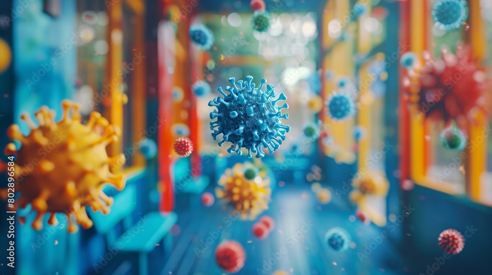 Colorful 3D Rendered Coronavirus in School Corridor