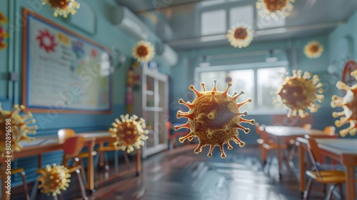 Floating 3D Coronavirus Particles in Classroom Environment photo
