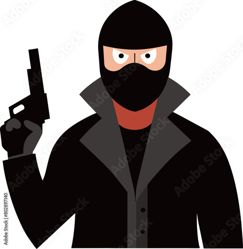 Illustration mafia with mask wearing a black hat and a black suit holiding gun